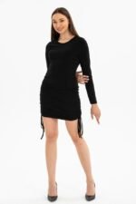 Kadın Uzun Kol Büzgü Detaylı Sandy Kumaş Ayarlanabilir Boy Fırsat Ürün Elbise - Görsel 2