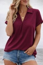 Kadın Kısa Kollu Yakalı Dokuma Viskon Bluz - Görsel 3