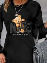 Kadın Uzun Kollu Bisiklet Yaka Ayı Desenli Viskon Iki Iplik Elbise - Görsel 2