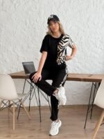 Kadın Bisiklet Yaka Kısa Kol Leopar Desen Bluz Ve Pantolon Ikili Takım - Görsel 2