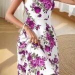 Kadın Askılı Kare Yakalı çiçek Desenli Midi Dalgıç Elbise