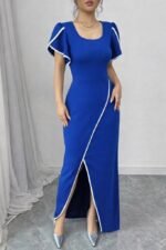 Kadın Kısa Kollu Kare Yakalı önden çapraz Kesim Detaylı Krep Elbise - Görsel 2