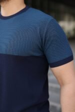 Erkek Renk Bloklu Bisiklet Yaka Kısa Kollu Triko Tişört - Görsel 3