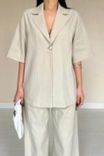 Bej Önü Tek Düğmeli Ceket Pantolon Takım - Görsel 4