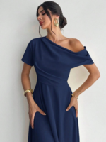 Kadın Omuzdan Açık Kısa Kollu Omuzdan Pileli Uzun Janjan Krep Elbise - Görsel 5