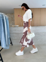 Kadın Kısa Kollu Bisiklet Yaka Viskon Bluz Ve Desenli Süprem Etek Ikili Takım - Görsel 6