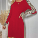 Kadın Uzun Kollu Bisiklet Yaka Kollar Leopar Detay Iki Iplik Mini Boy Elbise