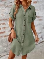 Kadın Kısa Kollu Yakalı önden Düğmeli Bürümcük Kısa Elbise - Görsel 5