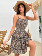 Kadın Askılı V Yaka Beli Pileli Leopar Desen Eteği Fırfırlı Süprem Elbise - Görsel 8