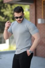 Erkek Bisiklet Yaka örgü Desenli Kısa örme Triko Kısa Kollu T-shirt - Görsel 2