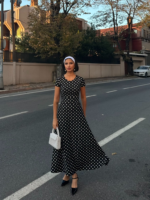 Kadın Kısa Kollu Bisiklet Yaka Puantiyeli Maksi örme Krep Elbise - Görsel 10