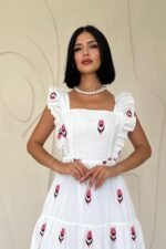 Fuşya Sıfır Kol Fırfırlı Elbise - Görsel 2