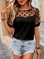 Kadın Kısa Kollu Bisiklet Yakalı Kolları Puantiyeli Viskon Bluz - Görsel 3