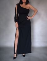 Tek Omuz Açık Derin Yırtmaçlı Krep Tam Boy Elbise - Görsel 7