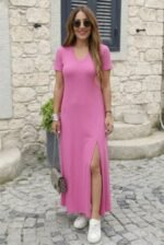 Kadın Kısa Kollu V Yakalı Maksi Boy Viskon Elbise - Görsel 3