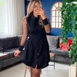 Kadın Uzun Kollu Yakalı Düğmeli Mini Ithal Krep Elbise