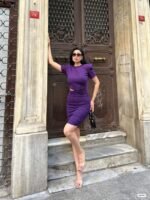 Kadın Bel Dekolteli Yanı Büzgü Detay Dalgıç Krep Kumaş Mini Elbise - Görsel 2