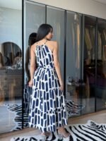 Kadın Viskon Kumaş Ip Askılı Halter Yaka Cepli Midi Boy Elbise - Görsel 4