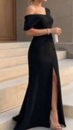 Kadın Tek Omzu Açık Kısa Kollu önden Yırtmaçlı Uzun Ithal Krep Elbise - Görsel 3