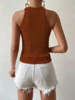 Kadın Kolsuz Halter Yaka Mini Baklava Desenli Triko Bluz - Görsel 6