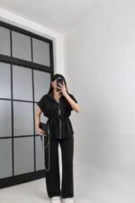 Kadın Yarasa Kol Fermuar Ve Lastikli Bağcık Detay Ceket Pantolon Ikili Takım - Görsel 3