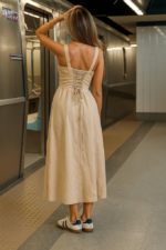 Kadın Askılı Geniş V Yakalı Sırttan Bağlamalı Yırtmaçlı Süprem Elbise - Görsel 2