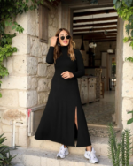 Kadın Uzun Kollu Balıkçı Yaka Derin Yırtmaç Detay Krep Elbise - Görsel 9