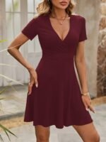 Kadın Kısa Kollu Kruvaze Yaka A Kesim Kalın Fitilli Kaşkorse Elbise - Görsel 4