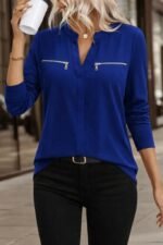 Kadın Uzun Kollu V Hakim Yaka Fermuar Detaylı Viskon Bluz - Görsel 2