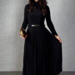 Kadın Uzun Kollu Balıkçı Yaka Kemersiz Pileli Uzun Sandy Elbise