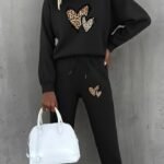 Kadın Uzun Kollu Bisiklet Yaka Kalp Desenli şardonlu üç Iplik Bluz Ve Pantolon Ikili Takım