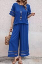 Kadın Kısa Kollu Bisiklet Yakalı Tül şerit Detaylı Bluz Ve Pantolon Ikili Takım - Görsel 2