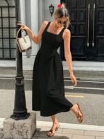 Kadın Askılı Kare Yakalı Uzun Ithal Krep Elbise - Görsel 5