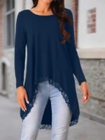 Kadın Uzun Kollu Bisiklet Yaka Asimetrik Kesim Detaylı Dantelli Viskon Bluz - Görsel 3