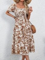 Kadın Kısa Kollu Kare Yakalı Lastikli Desenli Süprem Elbise - Görsel 4