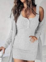 Kadın Askılı Yuvarlak Yakalı önü Düğmeli şardonlu Kaşkorse Mini Elbise Ve Kısa Ceket - Görsel 2