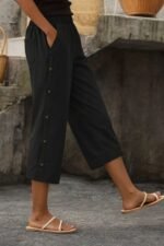 Kadın Yüksel Bel Lastikli Yandan Dügme Detaylı Midi Pantolon - Görsel 3