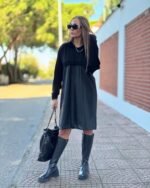 Kadın Uzun Kollu Kapüşon Ve Deri Detay Diz üstü Elbise - Görsel 4