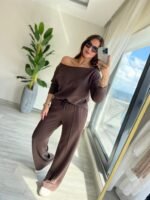 Kadın Uzun Kollu Tek Omuzdan Açık Modal Bluz Ve Pantolon Ikili Takım - Görsel 4