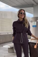 Kadın Uzun Kollu Balıkçı Yaka Belden Lastikli Modal Bluz Ve Pantolon Ikili Takım - Görsel 2