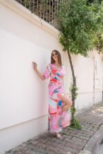 Fuşya Desenli Yırtmaçlı Elbise - Görsel 2