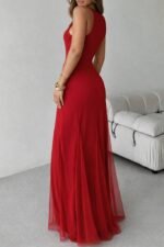 Kadın Askılı Bisiklet Yaka Etek Ucu Tül Detaylı Asimetrik Kiloş Uzun Ithal Krep Elbise - Görsel 4