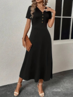 Kadın Kısa Kollu V Yakalı önden Düğmeli Yırtmaçlı Midi Viskon Elbise - Görsel 2