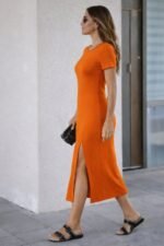 Kadın Kısa Kollu Bisiklet Yaka Yandan Yırtmaçlı Midi Viskon Elbise - Görsel 2