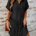 Kadın Kısa Kollu Yakalı önden Düğmeli Bürümcük Kısa Elbise