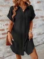 Kadın Kısa Kollu Yakalı önden Düğmeli Bürümcük Kısa Elbise