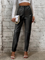 Kadın Yüksek Bel önden Düğmeli Deri Pantolon - Görsel 6