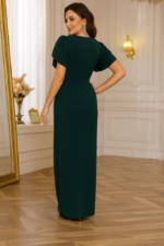 Kadın Kısa Kollu Kruvaze Yakalı Belden çiçek Aksesuarlı Yırtmaçlı Ithal Krep Elbise - Görsel 3