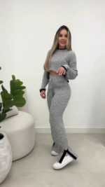 Kadın Uzun Kollu Bisiklet Yaka Kısa Trıko Bluz Ve Pantolon Ikili Takım - Görsel 5