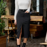 Kadın Yüksek Bel önden Yırtmaçlı Cepli Midi Kot Etek